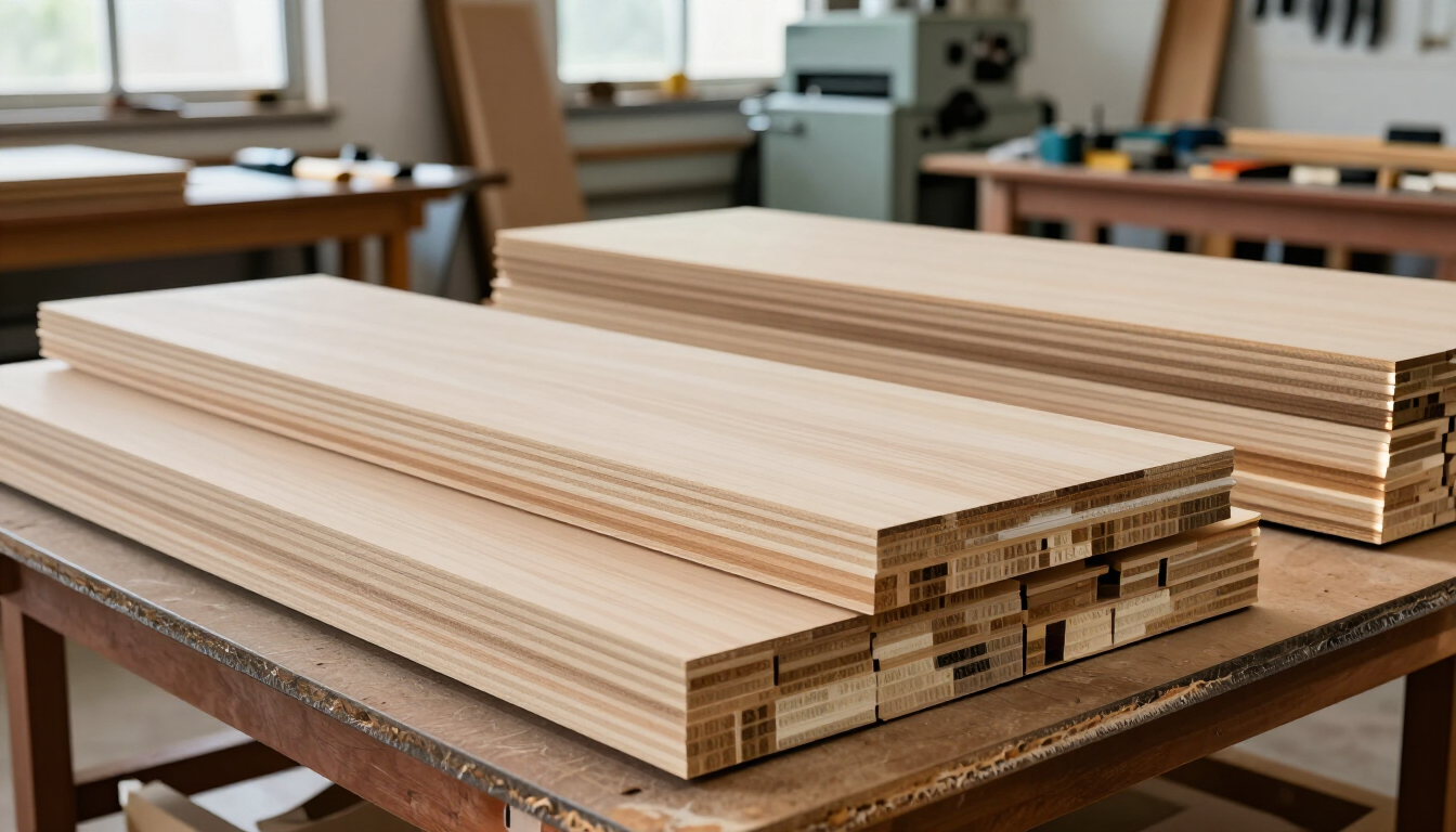 Tablas de madera clara apiladas sobre un banco de trabajo en un taller
