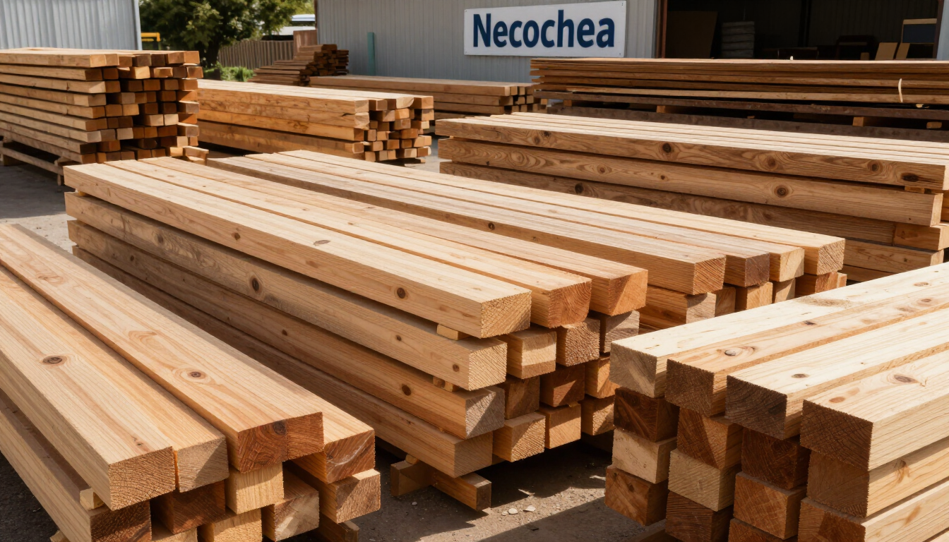 Montones de madera cortada apilados al aire libre en un aserradero, con un letrero que dice «Necochea» al fondo