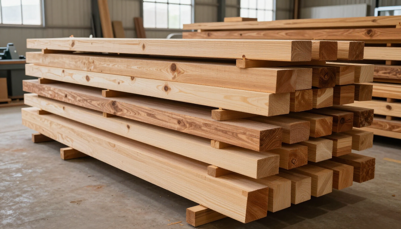 Tablones de madera apilados en un taller, con largas tablas ordenadamente colocadas en el suelo.