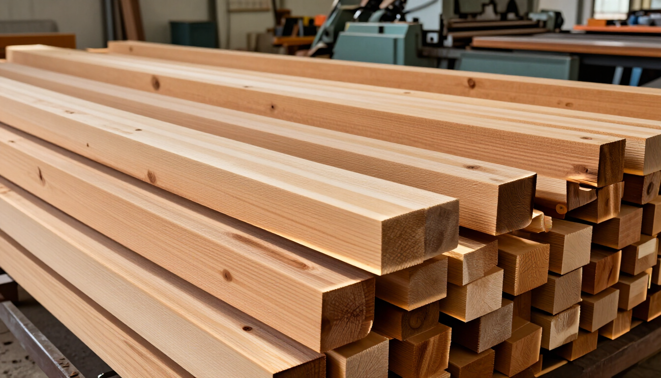 Tablones de madera clara apilados en un taller o una zona de suministros para la construcción
