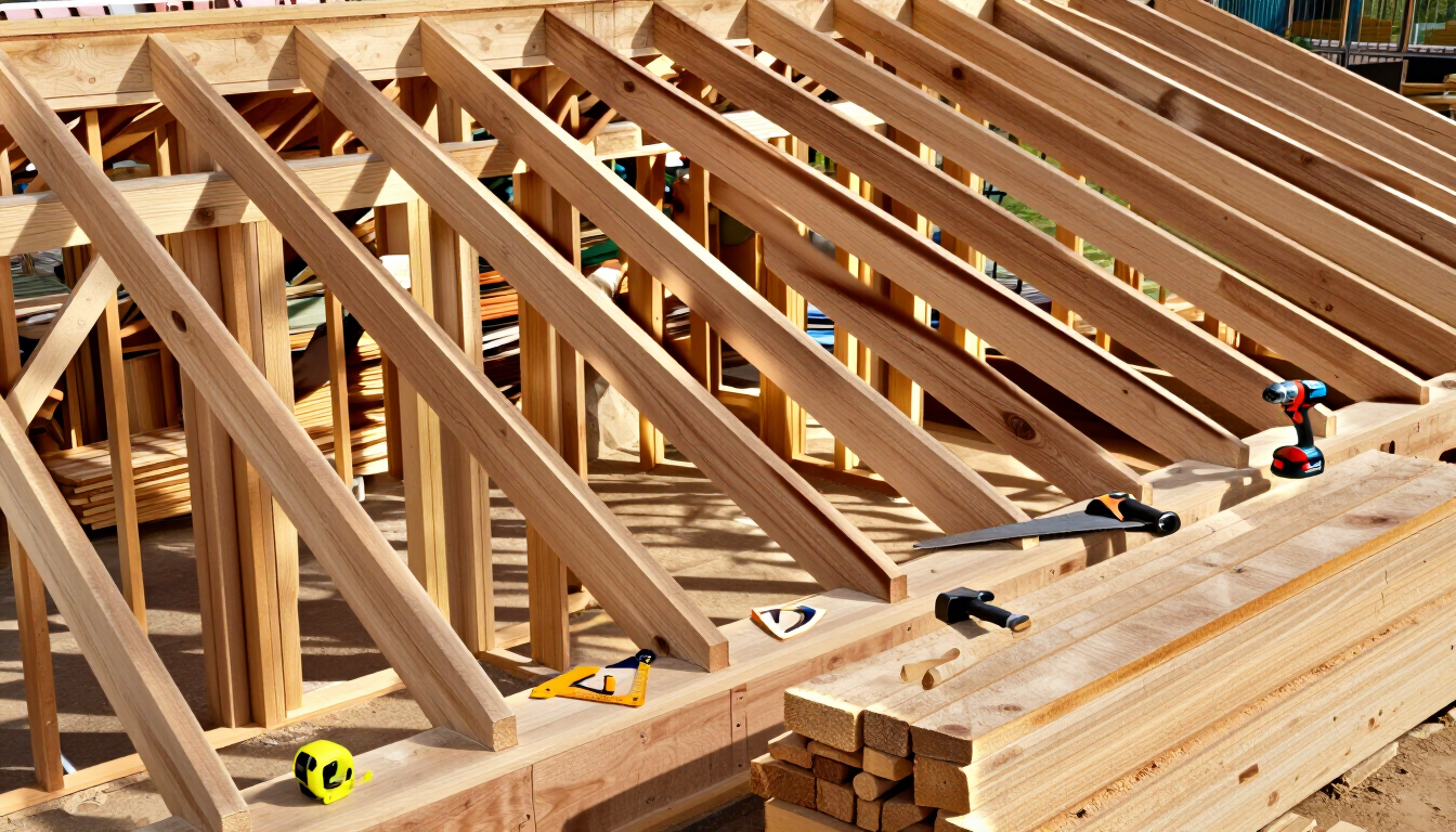 Cerchas de madera en el tejado de una casa en construcción, con herramientas esparcidas por la estructura.