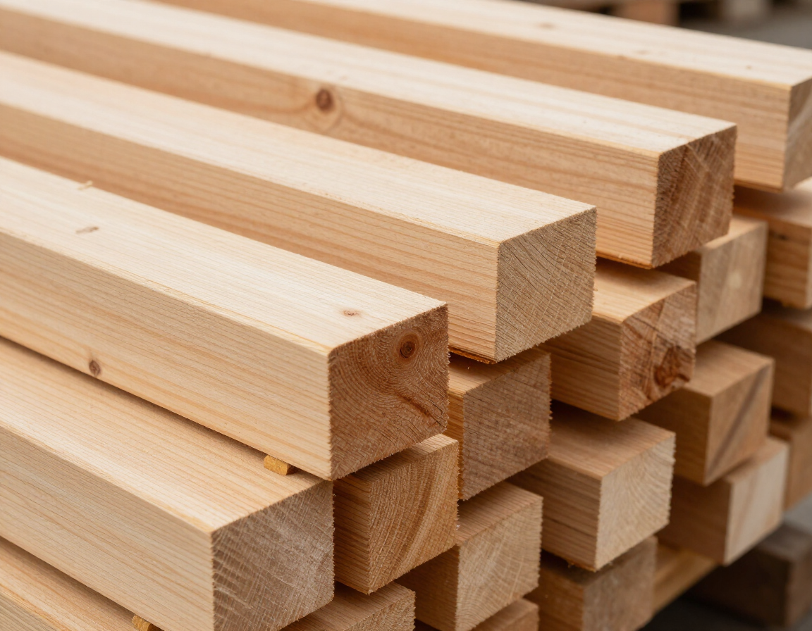 Tablones de madera clara apilados, con la veta visible, formando una pila de madera para construcción
