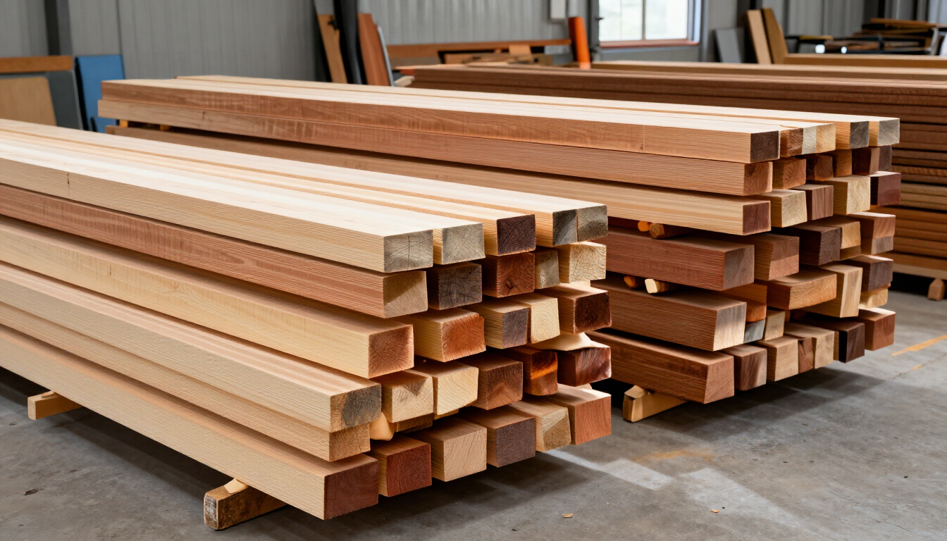 Tablas de madera apiladas con extremos cortados en cola de milano sobre el suelo de un taller