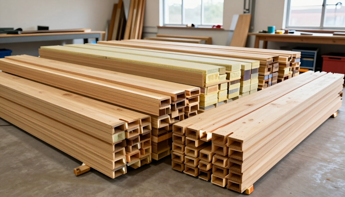 Pilas de tablones y vigas de madera en un taller o almacén.