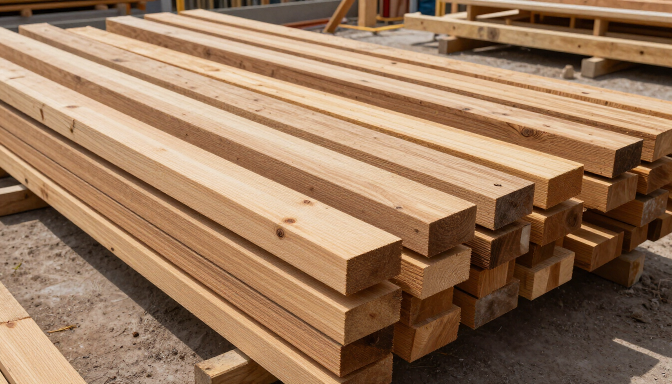 Pilas de vigas de madera cortadas apiladas al aire libre en un aserradero.