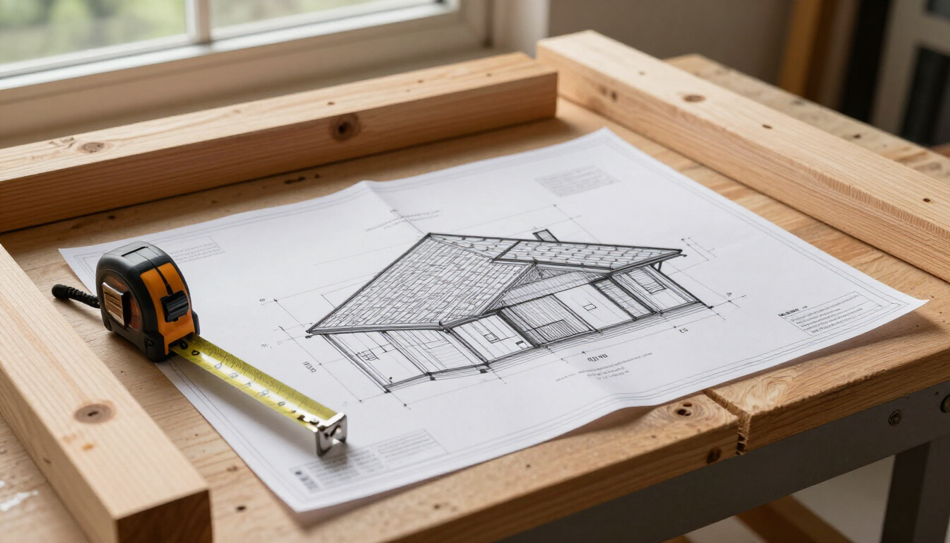 Boceto arquitectónico de una casa sobre un banco de trabajo de madera, con una cinta métrica y una estructura de madera.