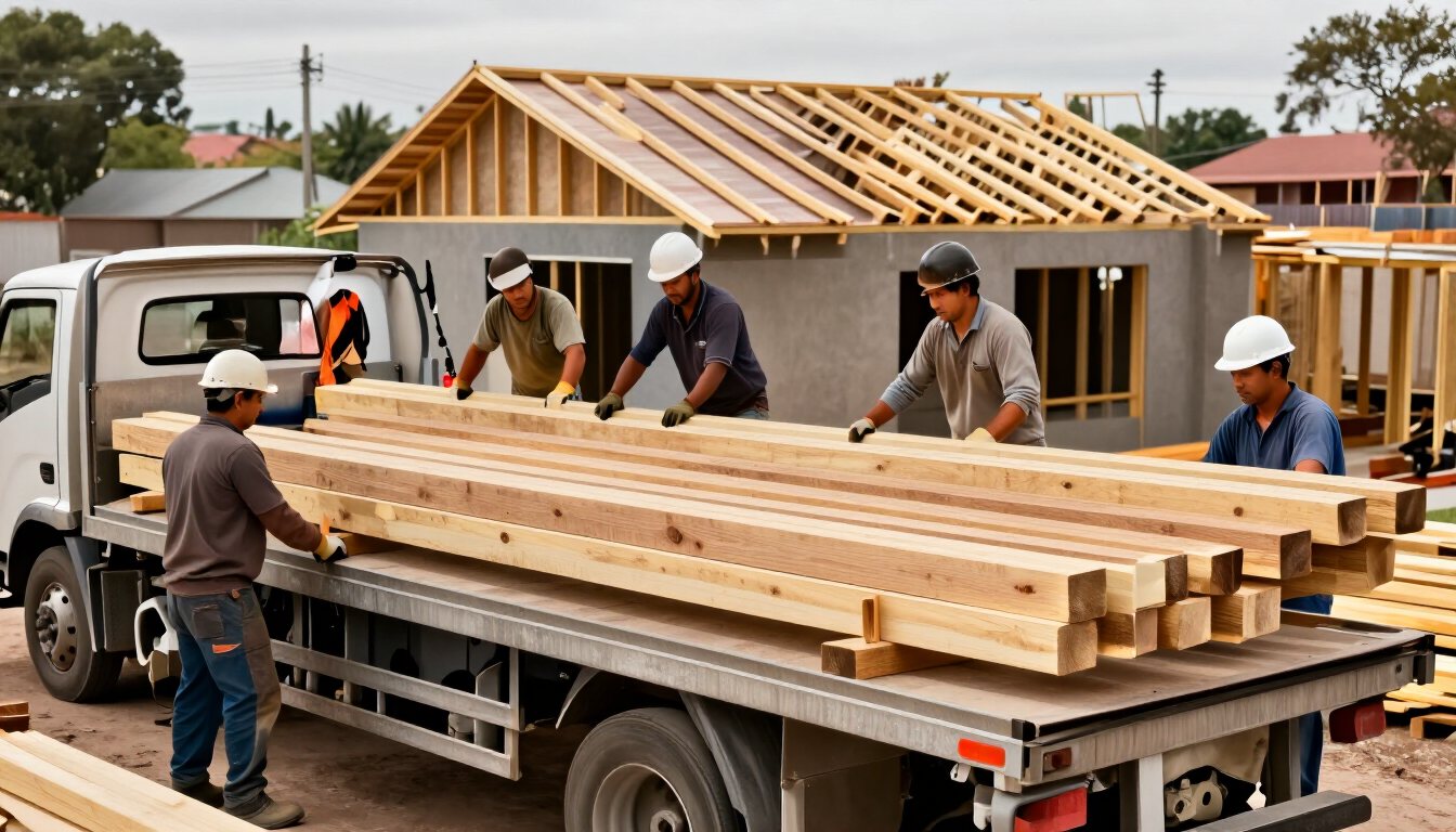 Los trabajadores descargan madera de un camión de plataforma en una obra de construcción de una casa.