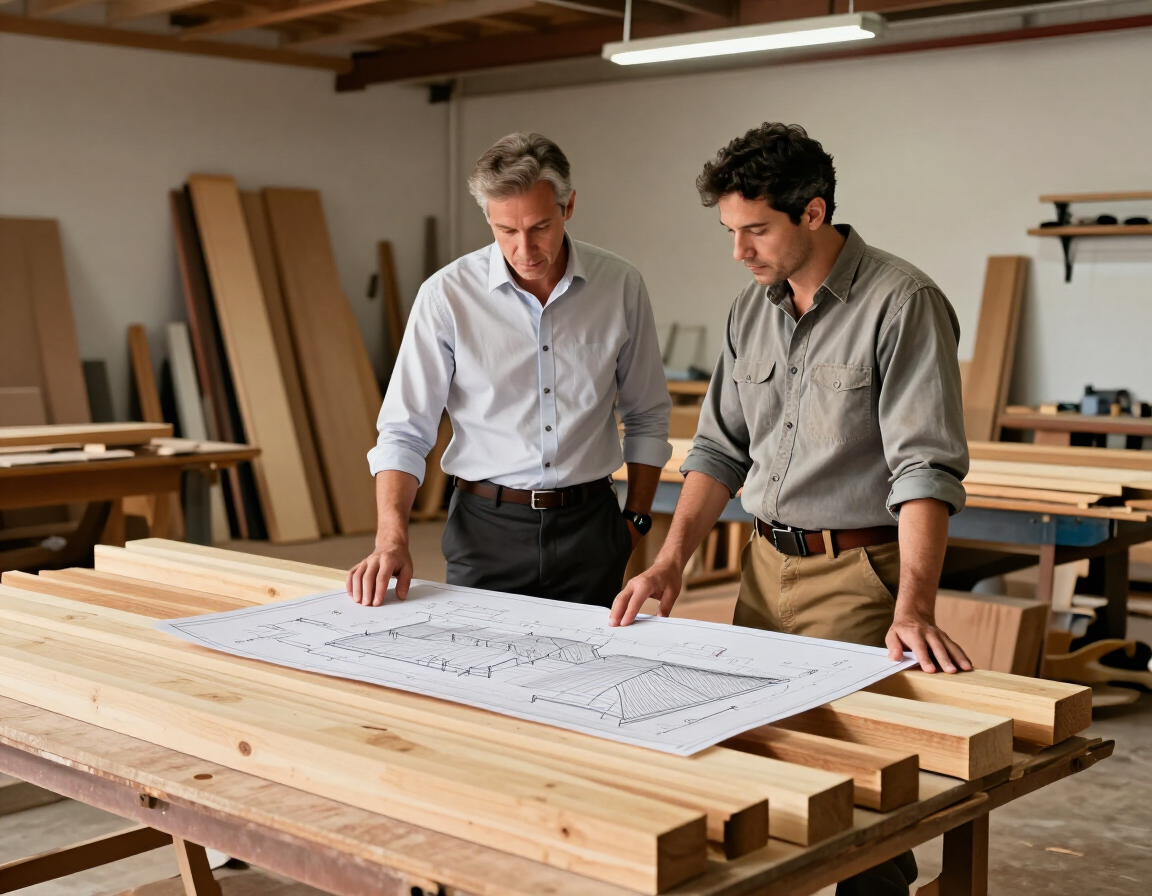 Dos personas revisando planos sobre un gran banco de trabajo de madera en un taller