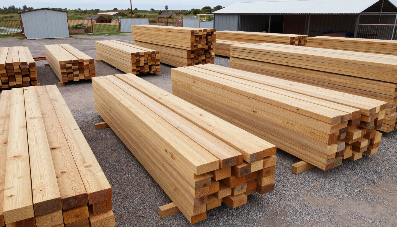 Montones de madera cortada y vigas de madera almacenados al aire libre en un patio de grava cerca de un edificio.