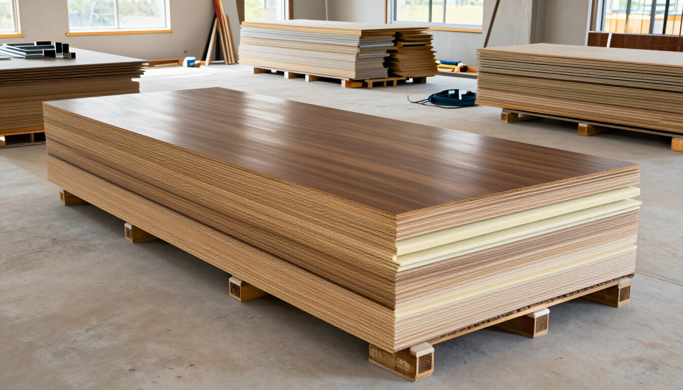 Planchas de madera contrachapada apiladas sobre palés de madera en un taller parecido a un almacén.