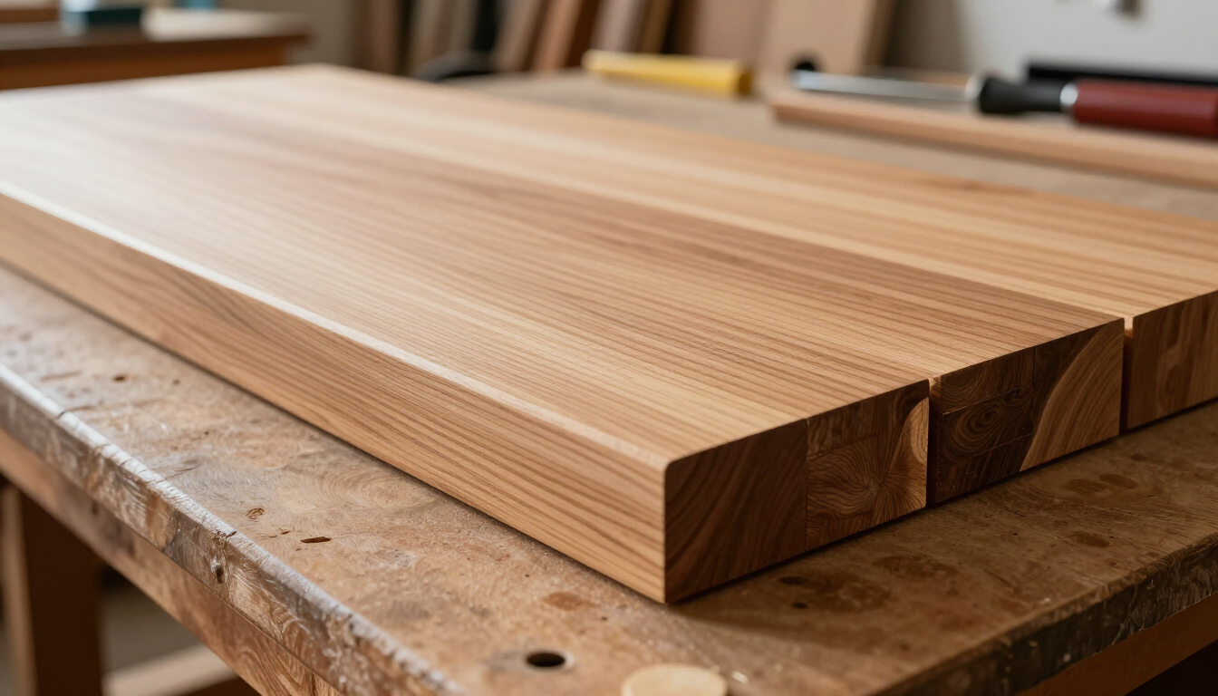 Tablas de madera apiladas sobre un banco de trabajo en un taller de carpintería