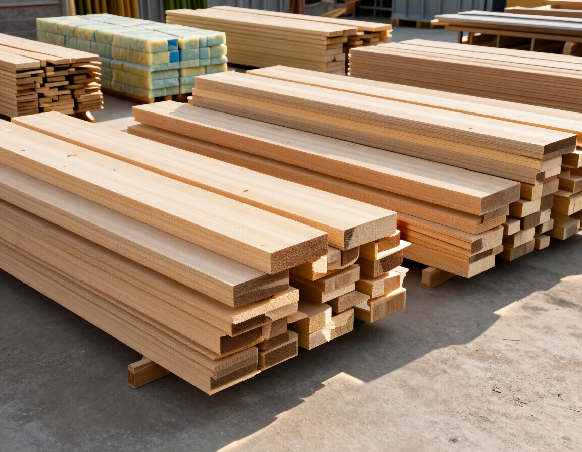 Pilas de tablas de madera cortadas, agrupadas y apiladas en un patio de almacenamiento al aire libre