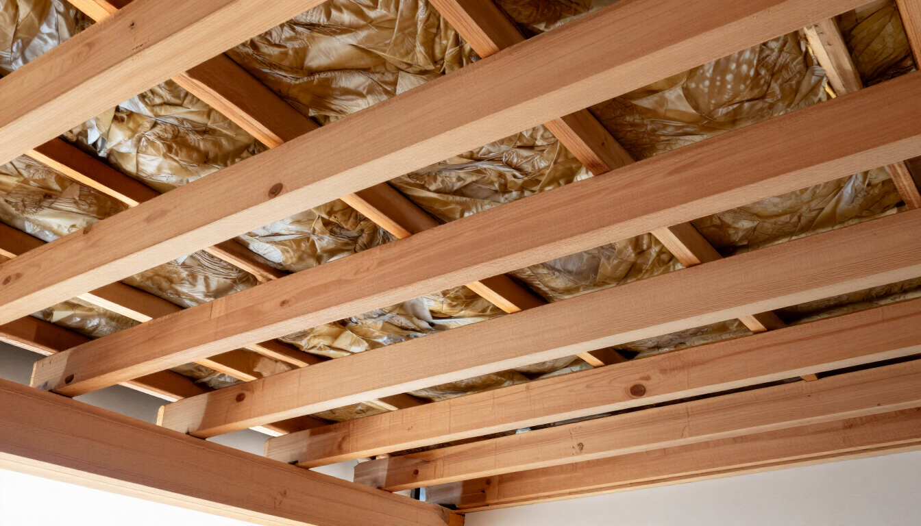 Vigas de madera del techo a la vista, con el aislamiento visible en la parte superior de una habitación en construcción
