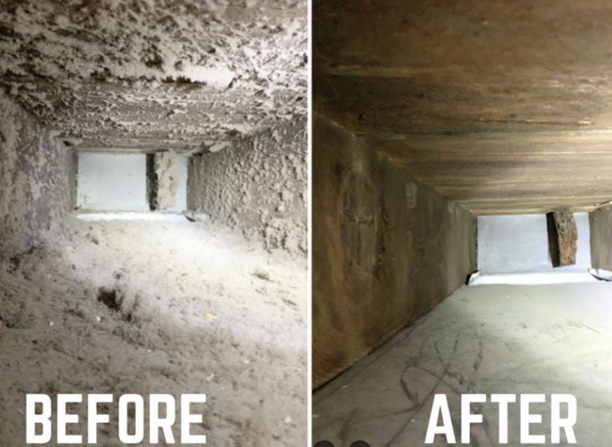 Before-and-after of a cleaned concrete duct or vent interior, showing heavy buildup removed.
