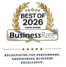 BusinessRate “Best of 2026” award logo with gold laurel wreath and slogan “Recognizing top performers.”