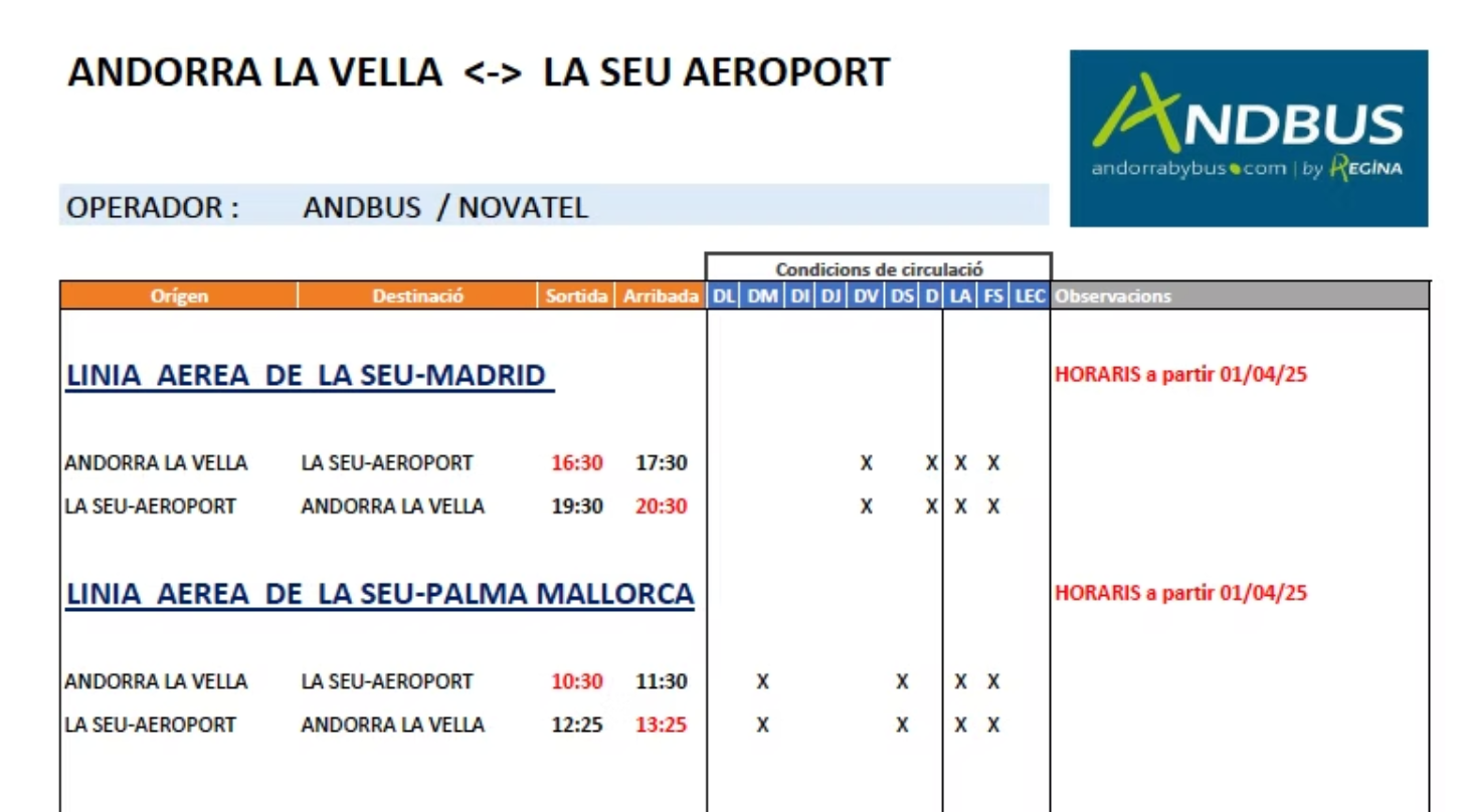 Horarios transfer Aeropuerto a Andorra Horarios Aeroport a Andorra la Vella.