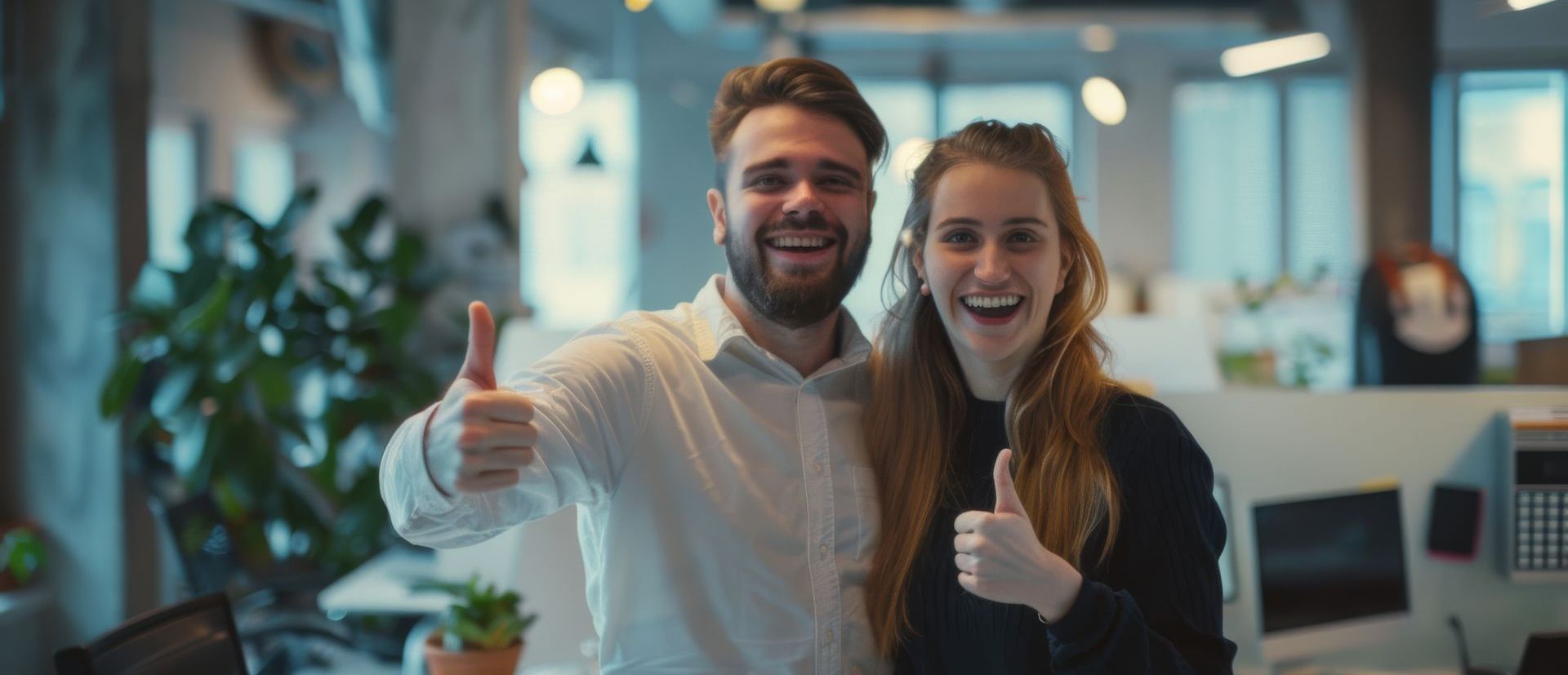 hombre y mujer contentos en un coworking