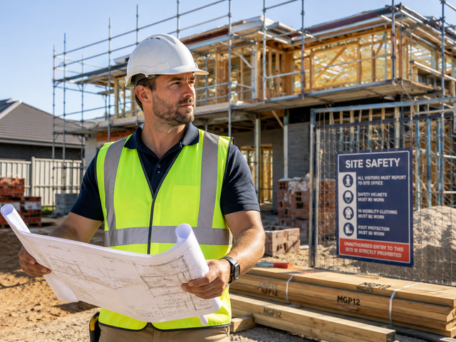 Construction worker in a hard hat and safety vest studying blueprints at a building site with scaffolding.