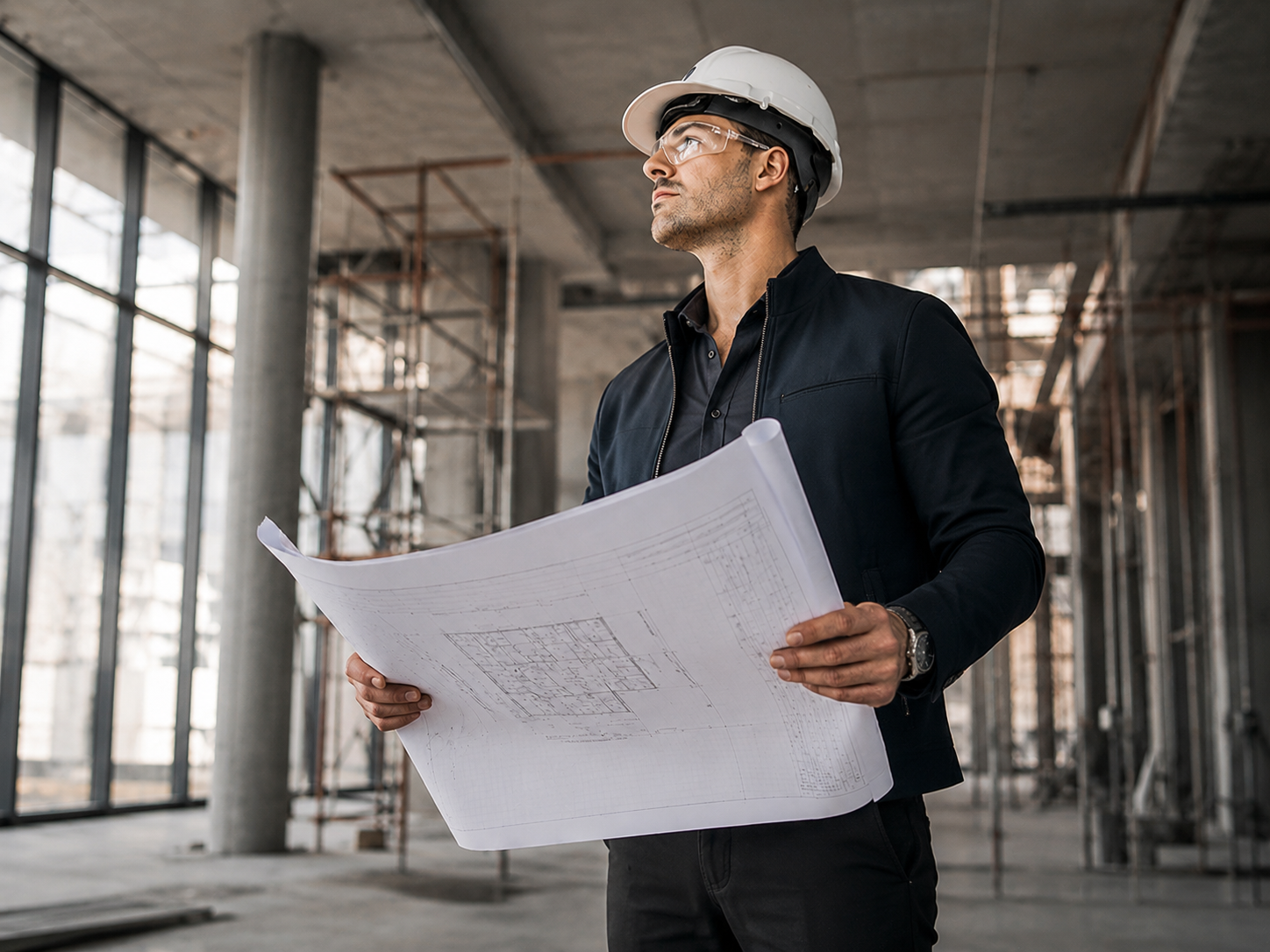 Construction worker holding blueprints in an unfinished building interior