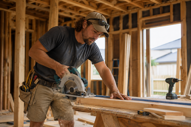 Worker cutting wood with a circular saw inside an unfinished house frame.