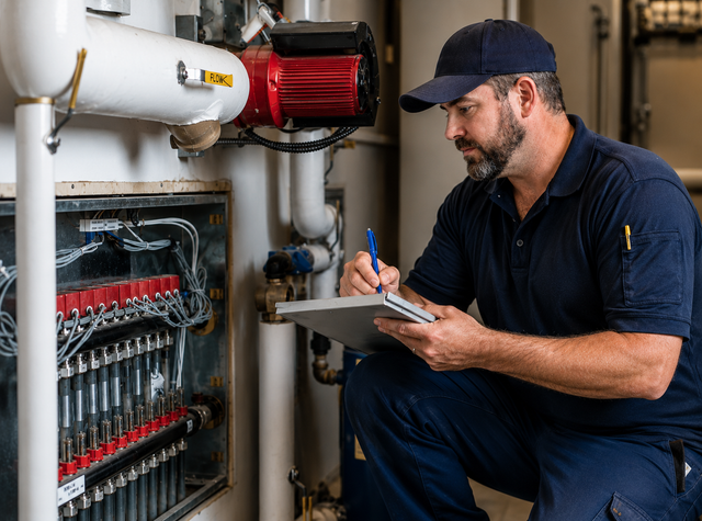 Technician inspecting HVAC equipment and taking notes on a clipboard beside open machinery.