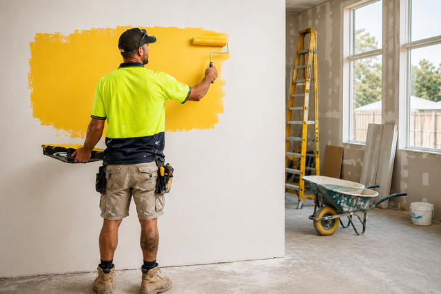 Painter rolling bright yellow paint on a white wall in a room with ladders and renovation tools