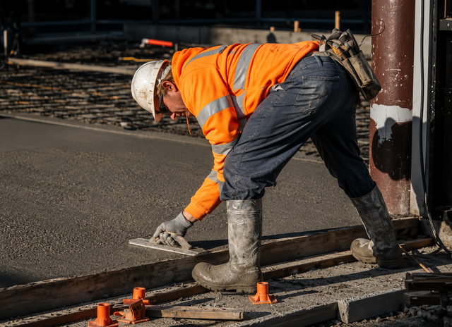 Construction worker in orange vest leveling railroad track ballast with a hand tool at a rail yard