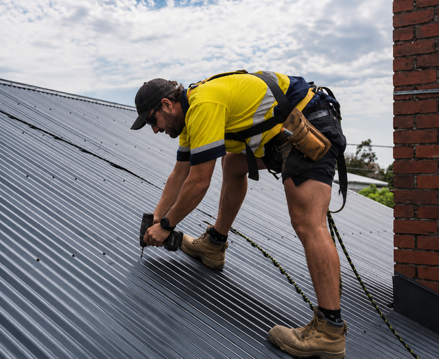 Worker in yellow shirt fastening a metal roof panel on a rooftop.