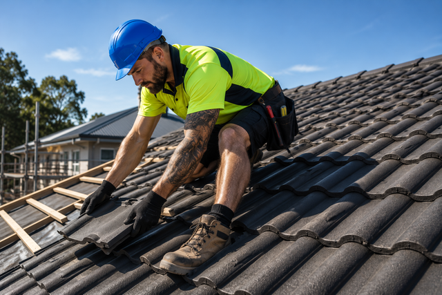Worker in a blue hard hat and neon vest installing roof tiles on a sloped roof.