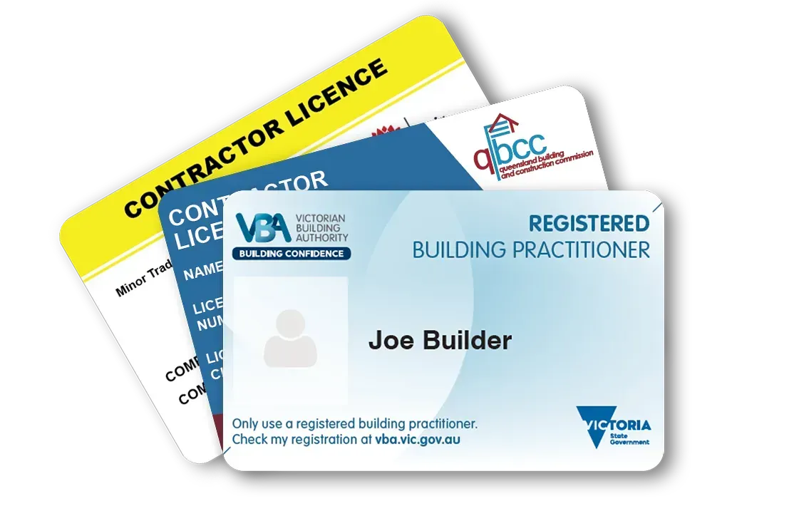 Three stacked contractor licence and registered building practitioner cards with blue and yellow accents