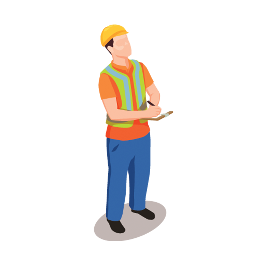 Construction worker in a hard hat and safety vest holding a clipboard and looking upward