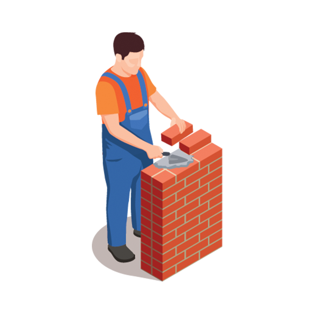 Mason in blue overalls laying bricks on a brick wall with a trowel
