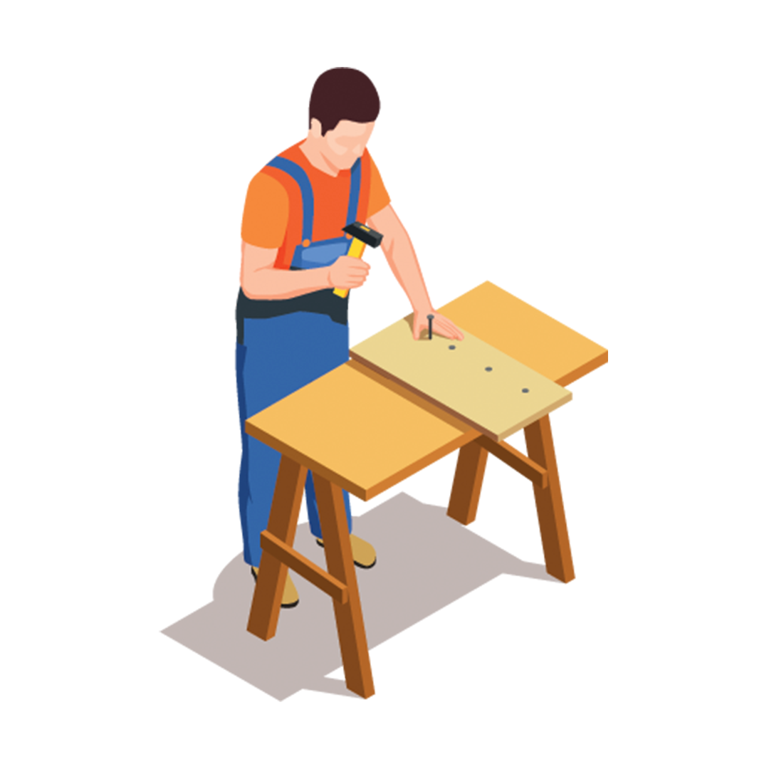 Worker in blue overalls using a power drill on a wooden workbench.