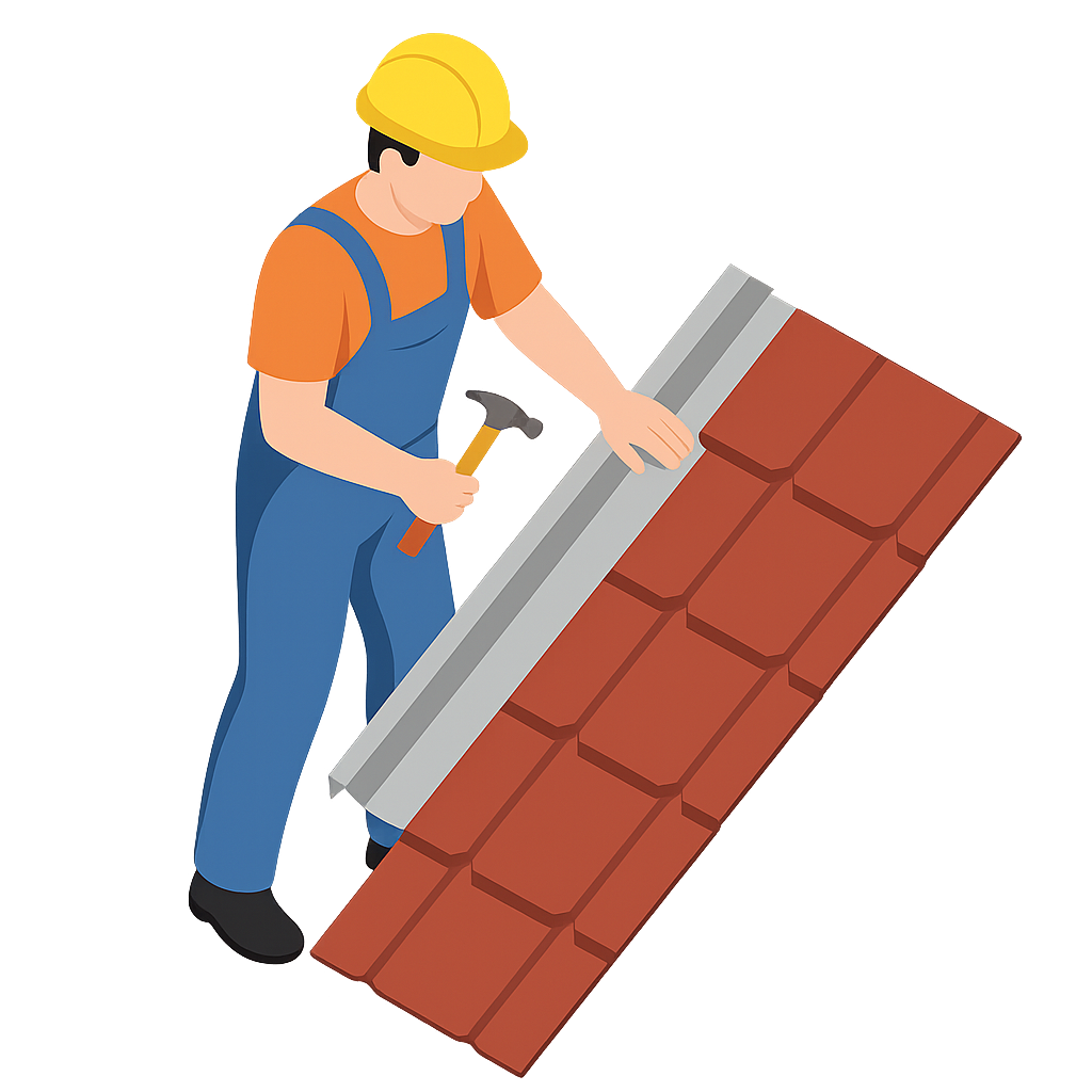 Worker in orange shirt and blue overalls hammering roof tiles into place on a sloped roof.