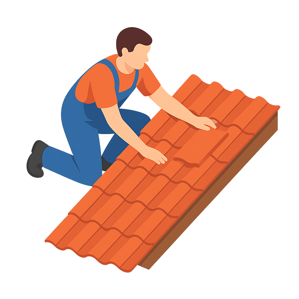 Worker kneeling on a roof, installing orange clay tiles.
