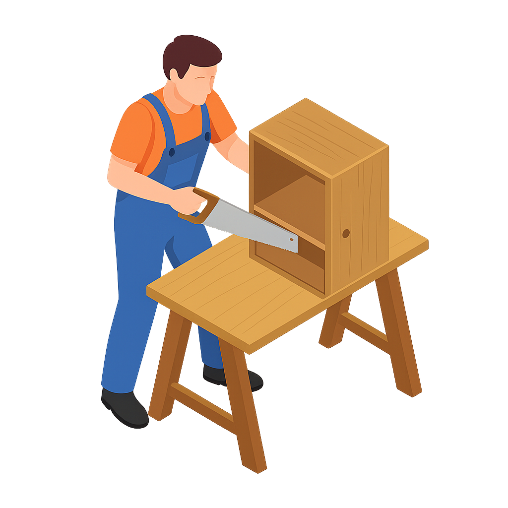 Person sawing a wooden box on a workbench with a hand saw, wearing blue overalls and an orange shirt.