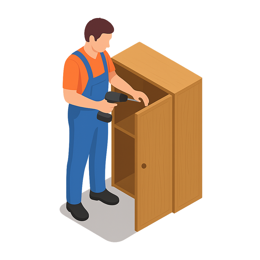 Worker assembling a wooden cabinet with a drill, wearing blue overalls and an orange shirt