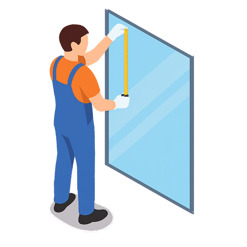 Worker installing a vertical wall-mounted screen on a glass panel