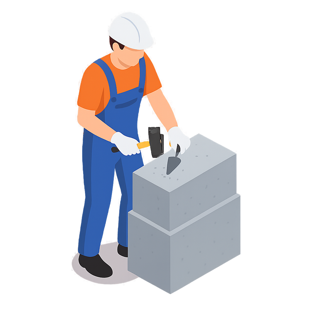 Construction worker in hard hat and gloves using a hammer on stacked concrete blocks