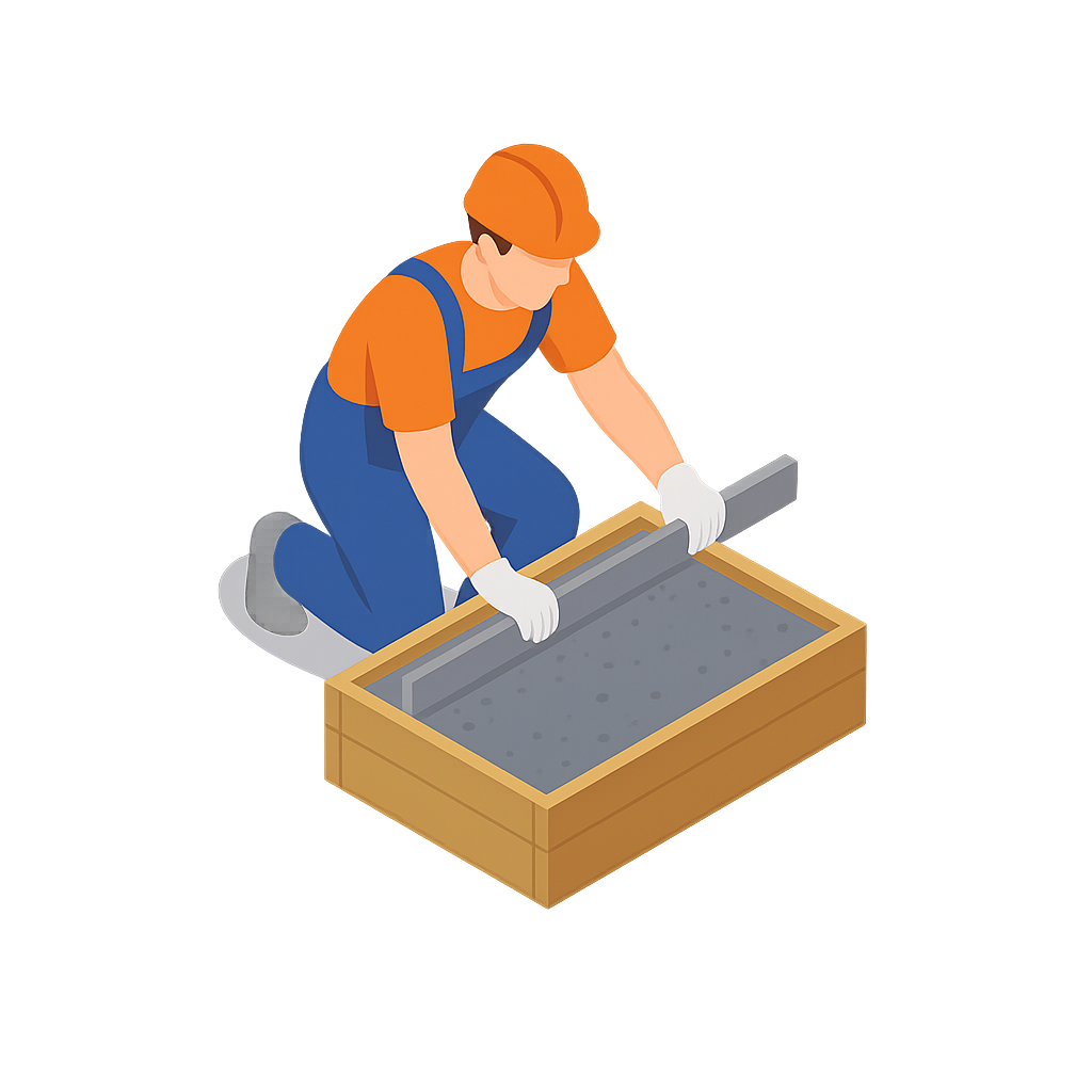 Construction worker kneeling and smoothing wet concrete in a wooden frame with a trowel