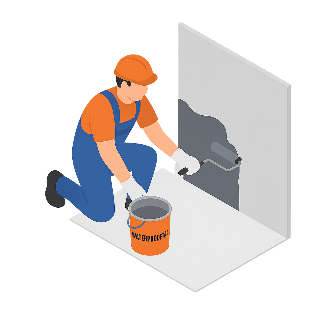 Worker in blue overalls and orange cap painting a wall with gray paint from a bucket
