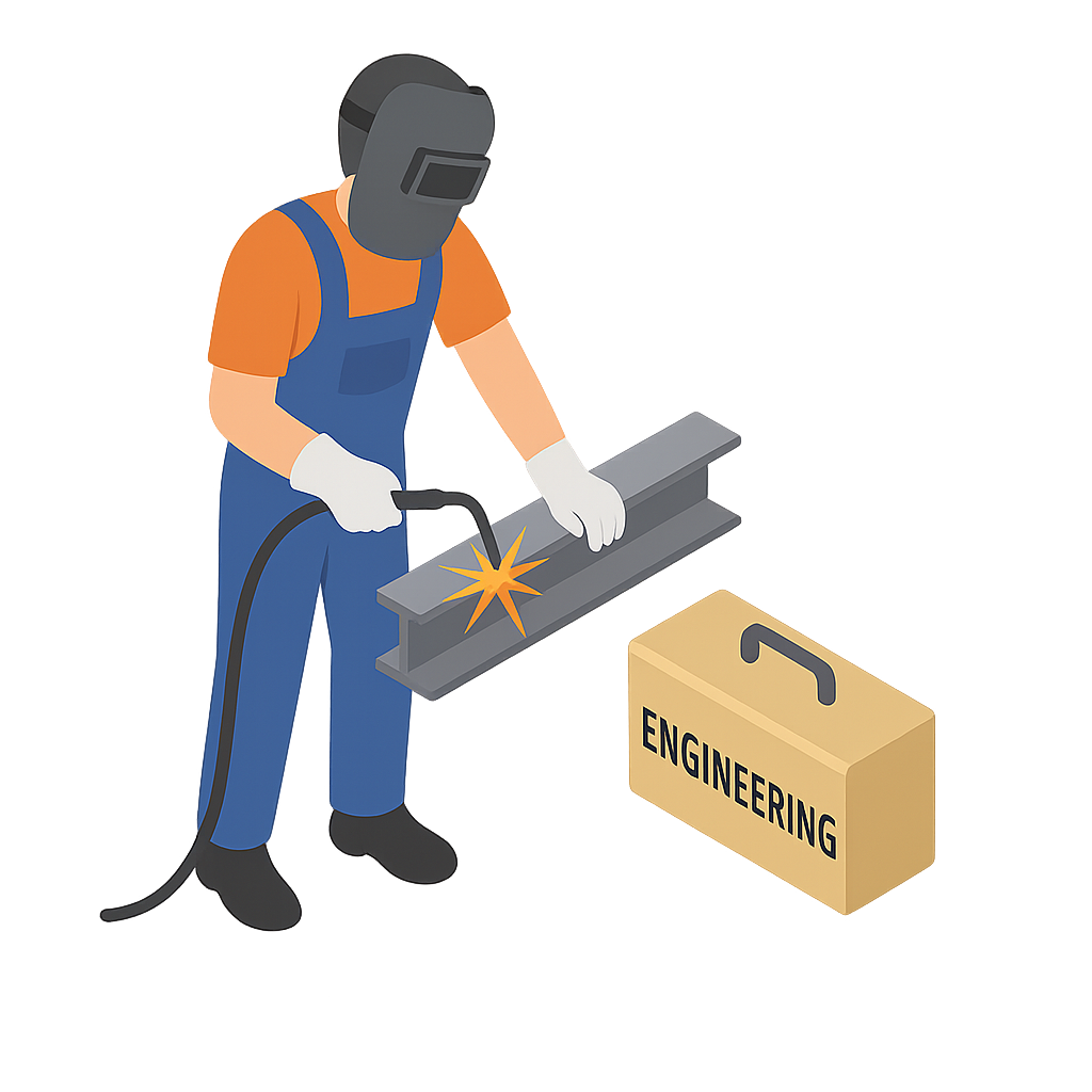 Welder in orange shirt and blue overalls welding steel beam beside a box labeled “ENGINEERING”