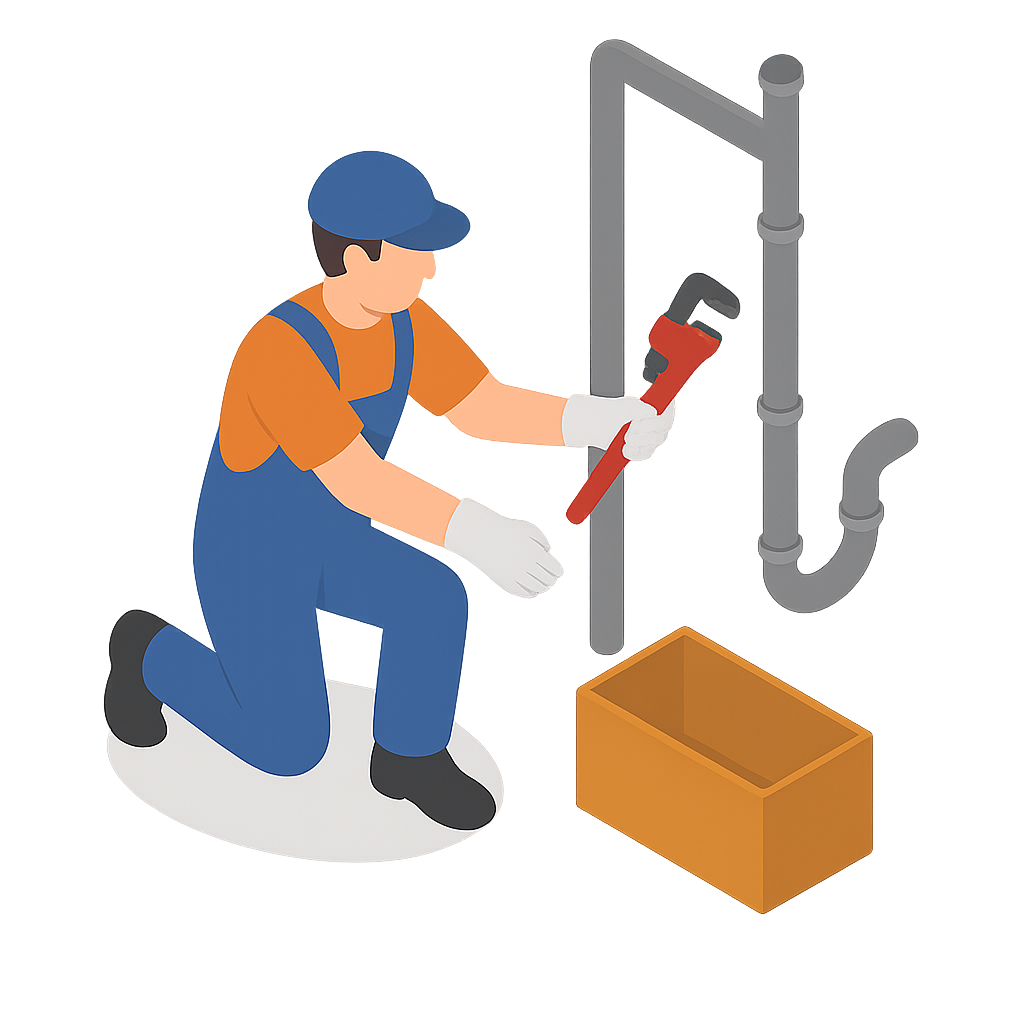 Plumber in blue overalls kneeling beside pipes, using a wrench near an orange toolbox.