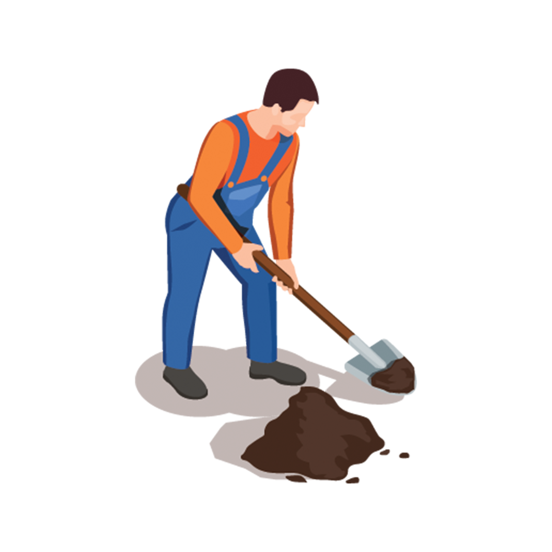 Worker in orange shirt and blue overalls shoveling dirt into a pile