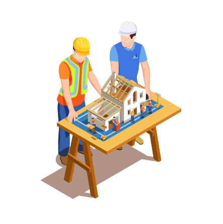 Two workers inspecting a house model on a table, wearing hard hats and safety vests