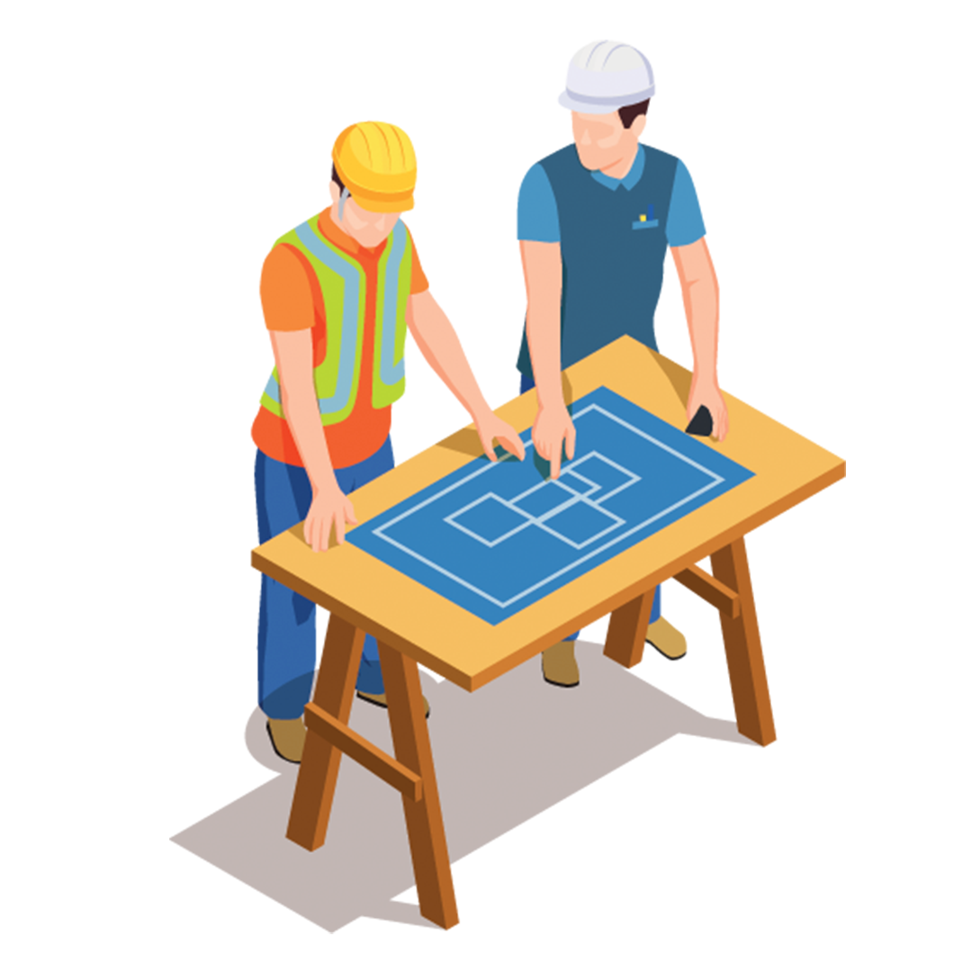 Two construction workers in hard hats reviewing blueprints on a worktable.