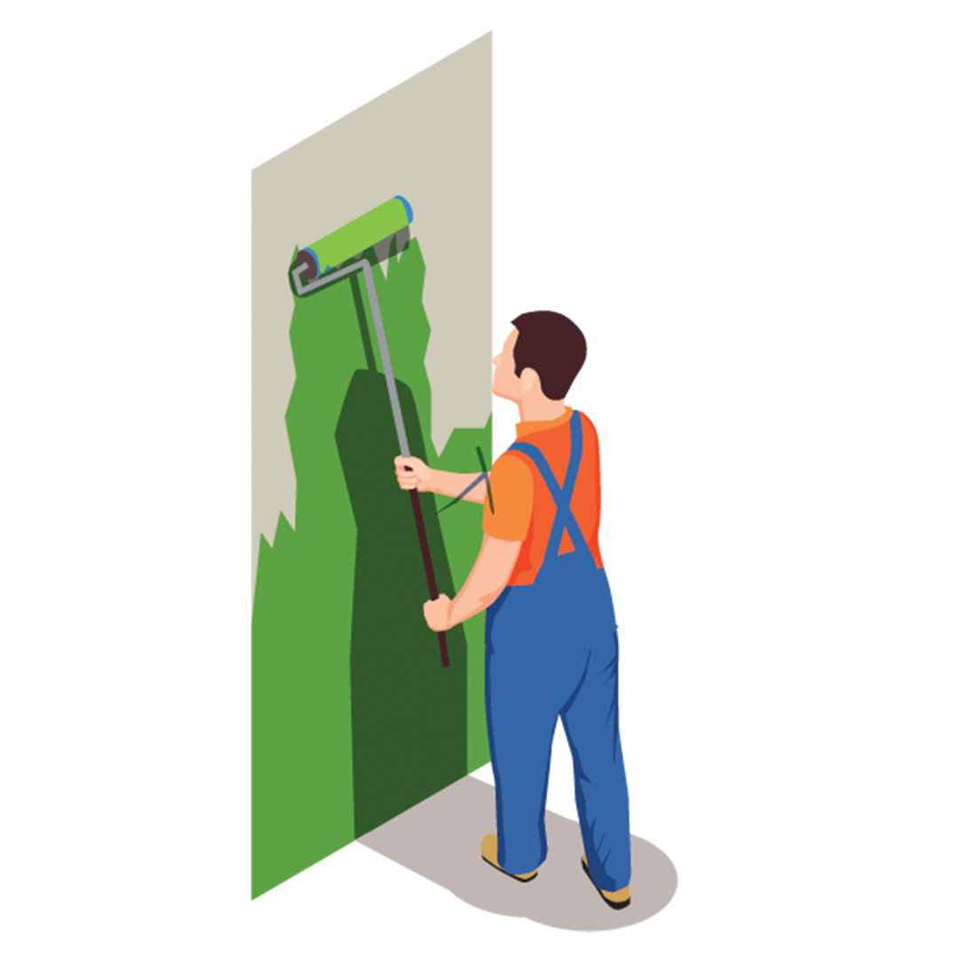 Worker painting a green wall with a paint roller and brush