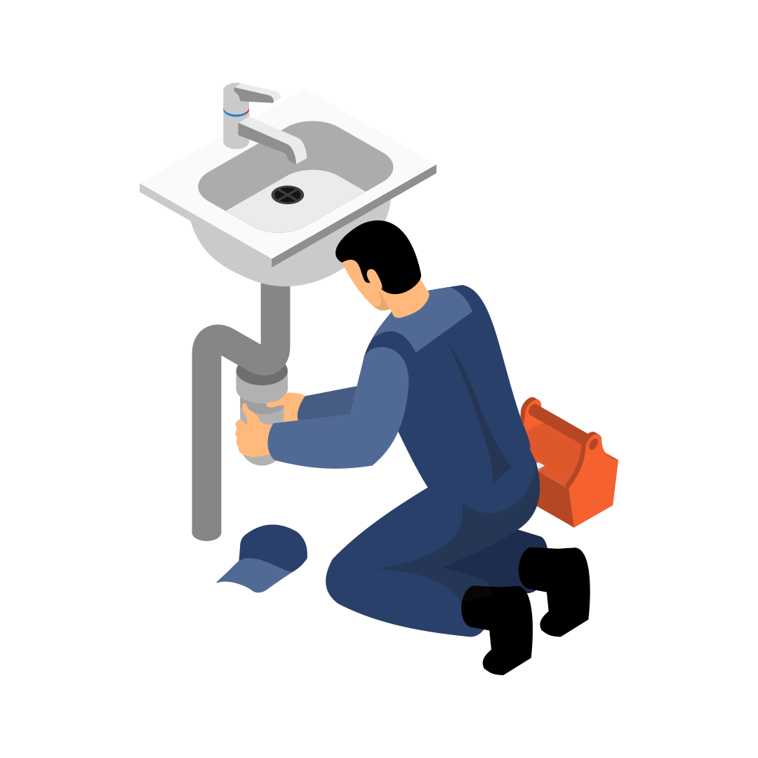 Plumber kneeling under a sink, repairing a gray pipe with a red toolbox nearby.