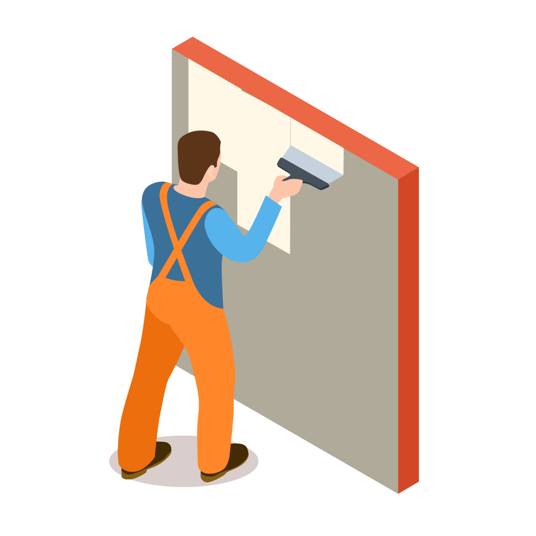 Worker painting a wall, wearing blue shirt, orange overalls, and white cap.