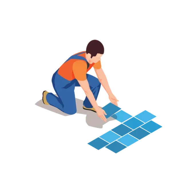 Person kneeling and laying blue floor tiles with a trowel during installation